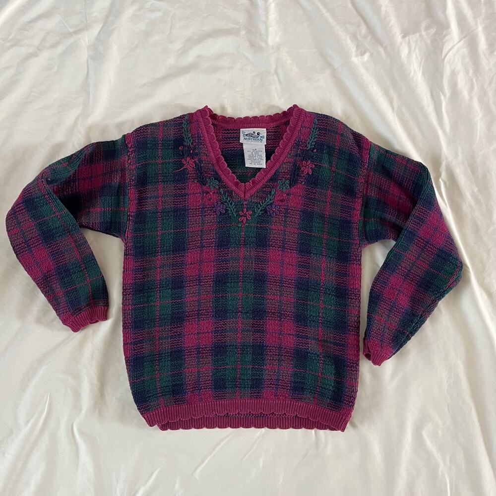 Vtg Y2K 2000s Plaid Floral Embroidary Cottagecore Wmns Small Prairie Knit